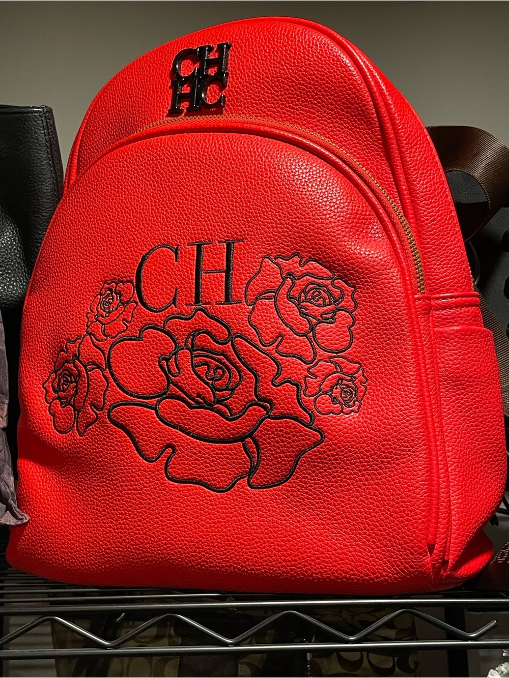 Rare Carolina Herrera Vibrant Red Leather Backpack with Black Quilted Floral